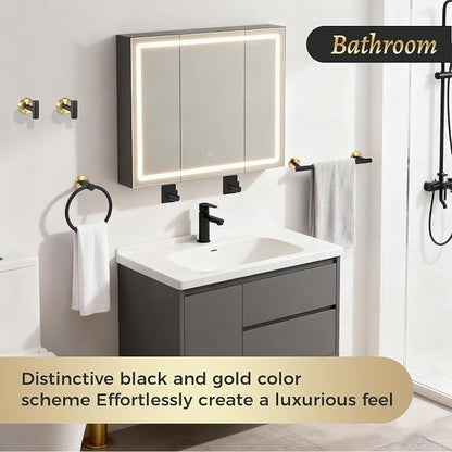 7 Pcs Bathroom Accessories Set, Towel Racks for Bathroom | Black and Gold Bathroom Accessories with Stainless Steel,featuring Bathroom Towel Holder for modern bathroom style.