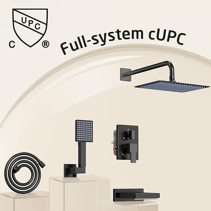 KES Black Bathtub Shower Faucet Set with 12" Rectangle Rain Shower Head, Shower System with 3-Modes Handheld Spray and Waterfall Tub Spout, cUPC Anti-Scald Valve included, XB6336S12-BK