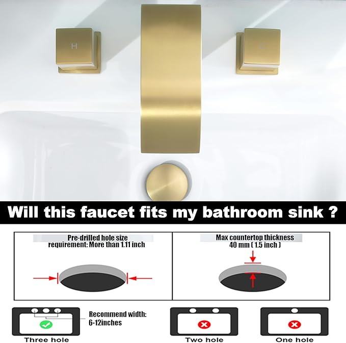 Bathroom Faucets 3 Hole, Brushed Gold 8 inch Widespread Bathroom Sink Faucet, Modern Square Metal 2 Handles Waterfall Bathroom Vanity Faucet 3 Hole with Pop Up Drain, Gold Faucets