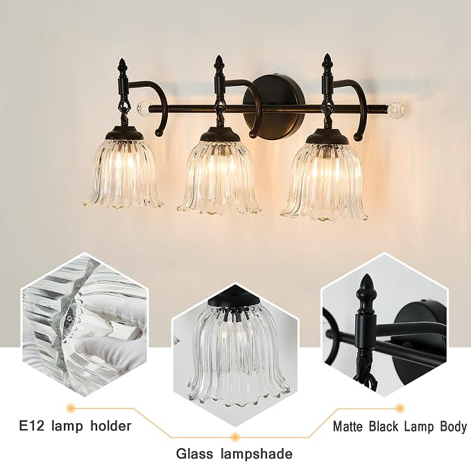 CVKASH 3-Light Bathroom Vanity Light Fixtures Over Mirror,Black Modern Vanity Light with Glass Shade Vintage Wall Sconce for Bedroom Dressing Room Living Room Hallway Cabinet