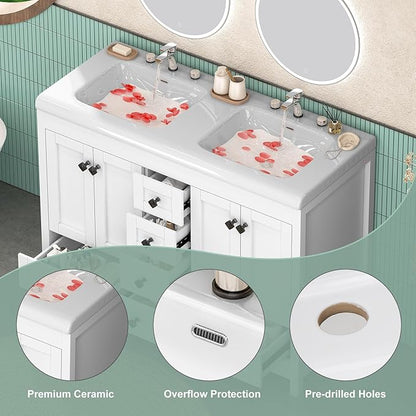 48 Inch Bathroom Vanity with Sink, Bathroom Vanity Cabinet with Doulble Sink, White Bath Vanities with 4 Doors and 6 Drawers (20" D x 48" W x 36" H)