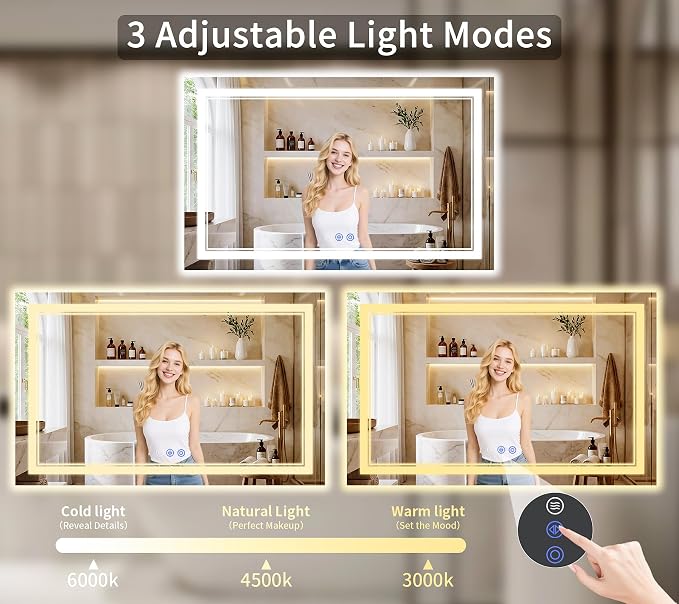 30"x50" LED Bathroom Mirror with Lights, Anti-Fog, Backlit + Front Lit, Dimmable, Led Vanity Mirror for Wall, Lighted Bathroom Mirror, 3 Colors, Shatter-Proof Tempered Glass