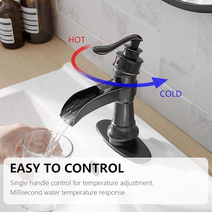 Bathroom Sink Faucet Waterfall Oil Rubbed Bronze Single Handle | Pop Up Drain with Overflow,Easy to Clean,Stable Installation,Gentle Water Flow Prevents Splashing,Elegant Minimalist Style