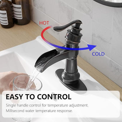 Bathroom Sink Faucet Waterfall Oil Rubbed Bronze Single Handle | Pop Up Drain with Overflow,Easy to Clean,Stable Installation,Gentle Water Flow Prevents Splashing,Elegant Minimalist Style