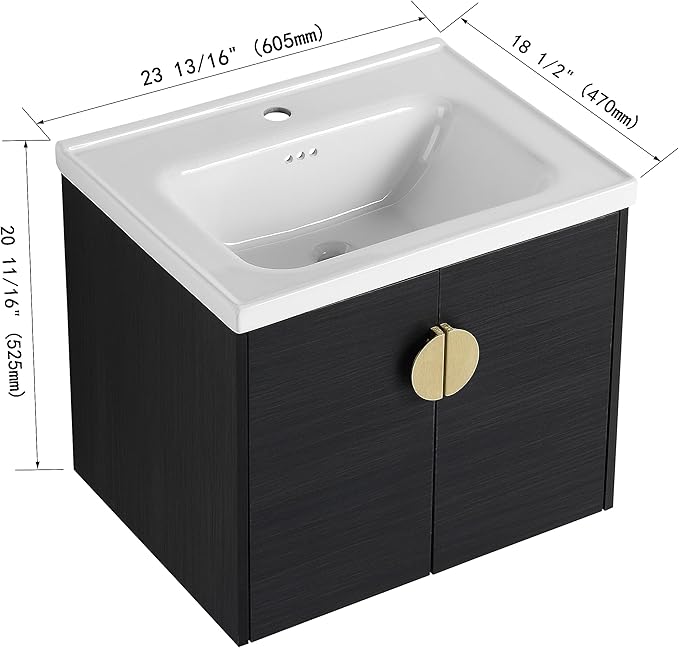 Henf Bathroom Vanity, 24 Inch, Wall Mount, Modern, Black, Ceramic Countertop, Double Doors, Floating, Gold Handle
