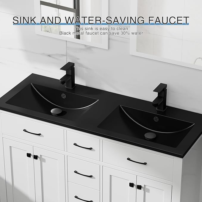 LUCKWIND 48" Modern Bathroom Vanity and Black Sink, Painted Bathroom Storage Cabinet with Double Black Sink, Four Doors and Three Drawers, Include Faucet Without Mirror, White