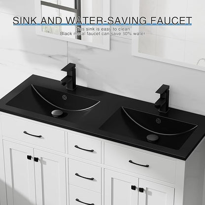 LUCKWIND 48" Modern Bathroom Vanity and Black Sink, Painted Bathroom Storage Cabinet with Double Black Sink, Four Doors and Three Drawers, Include Faucet Without Mirror, White