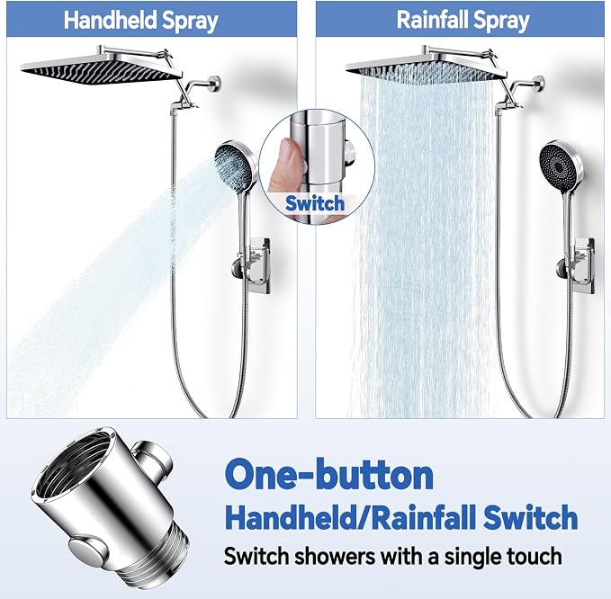 13" Rainfall Shower Head with Handheld Spray Combo, Push-Button Diverter | 3-Mode Handheld Shower, Height-Adjustable Extension Arm, Easy Install in 15 Min (Chrome)
