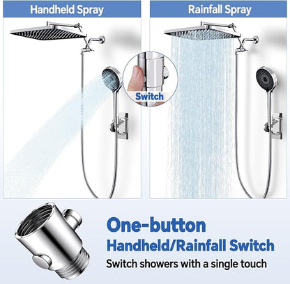 13" Rainfall Shower Head with Handheld Spray Combo, Push-Button Diverter | 3-Mode Handheld Shower, Height-Adjustable Extension Arm, Easy Install in 15 Min (Chrome)