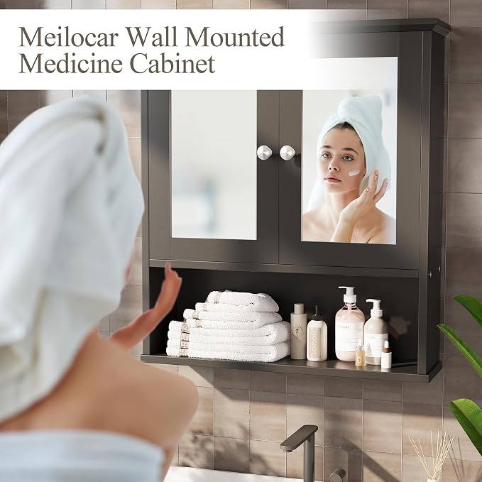 Bathroom Wall Cabinet with Mirror, Bathroom Mirror Cabinet Wall Mounted, Over Toilet Medicine Cabinets with Adjustable Shelf, Large Capacity, Black