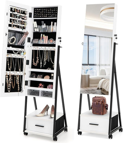 Rolling Jewelry Cabinet with Wheels, Lockable Jewelry Organizer Box with Drawers, Freestanding Jewelry Armoire with Full-length Mirror, for Women Girls Bedroom Cloakroom (White)