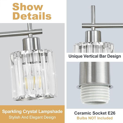 Brushed Nickel 3-Light Crystal Bathroom Vanity Light Fixtures, Round | Vanity Lights for Bathroom, Modern Bathroom Lighting Fixtures over Mirror (Bulbs Not Included, E26)
