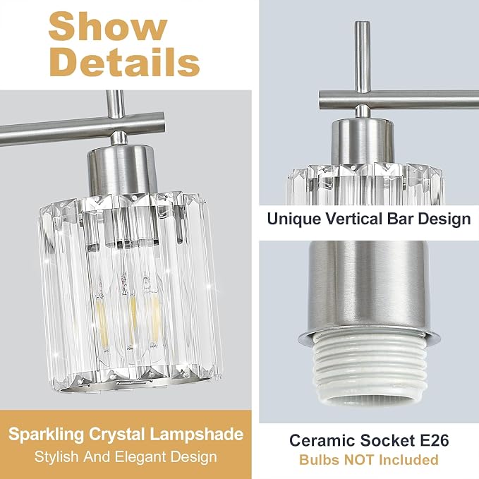 Brushed Nickel Bathroom Light Fixtures, Round, 4-Light | Vanity Lights with Crystal Shades, Modern Bathroom Lighting Fixtures over Mirror (Bulbs Not Included, E26)