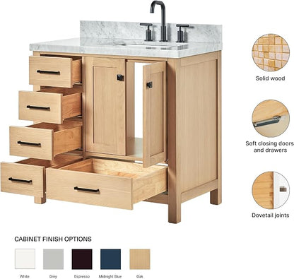 ARIEL Cambridge 36-inch Bathroom Vanity with Sink,Solid Wood, 1.5-inch Italian Carrara Marble Countertop, Single Rectangular Porcelain Sink, 2 Soft Closing Doors, 5 Dovetail Drawers, White Oak