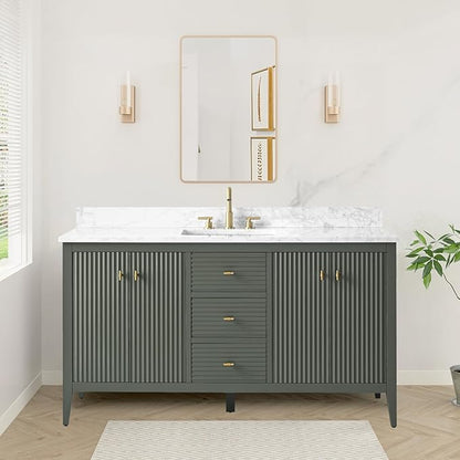 HOMEBEYOND 60" Bathroom Vanity with Single Sink, Solid Wood Bathroom Vanity Free-Standing Cabinet, Ceramic Top & Soft Closing Door, Golden Brushed Handware, Vintage Green