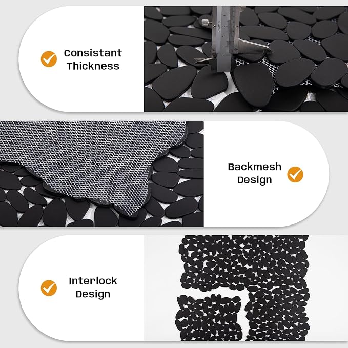 Pebble Tile for Shower Floor, Black Long Oval Pebble Mosaic Backsplash for Kitchen Bathroom Wall and Floor Tile and Outdoor Areas, 5 Sheets