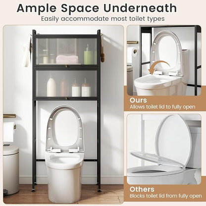 BECOMFORT Over The Toilet Storage Cabinet, Above Toilet Bathroom Shelf with Flip-up PC Doors, Metal Stand & 4 Hooks, Freestanding Space Saver, Over Toilet Bathroom Organizer for Laundry Room (Black)