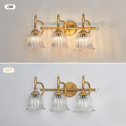 CVKASH 3-Light Bathroom Vanity Light Fixtures Over Mirror,Brushed Gold Modern Vanity Lights with Glass Shade Vintage Wall Sconce for Bedroom Dressing Room Living Room Hallway Cabinet