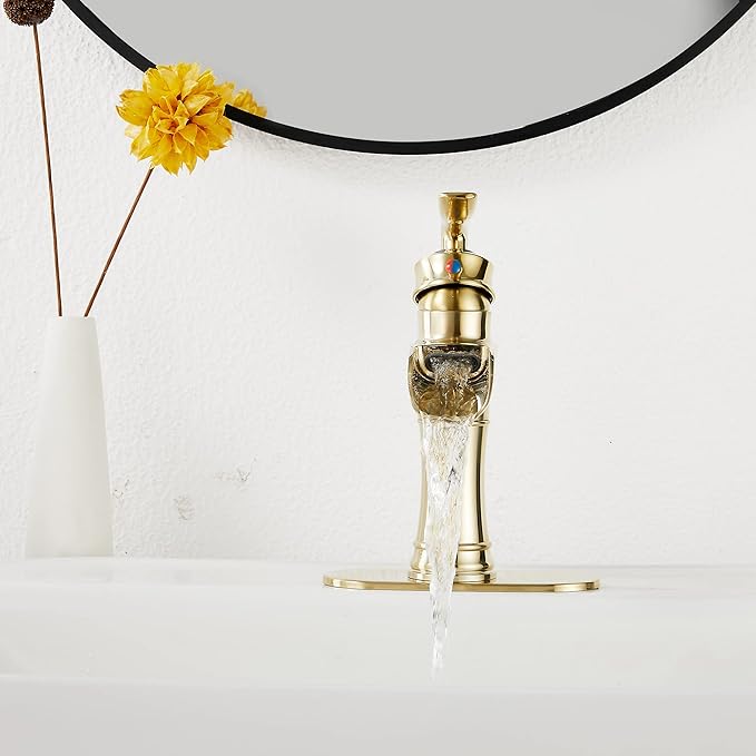 Waterfall Bathroom Faucet Brushed Gold GGStudy Single Handle One Hole Farmhouse Bathroom Vanity Faucet Basin Mixter Tap Deck Mount with Drain Assembly