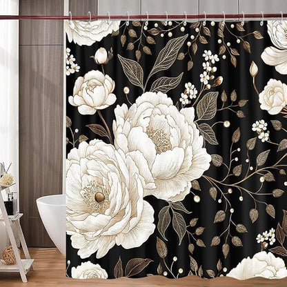Black and Gold Shower Curtain, Dark Roses Leaves Botanical Aesthetic Boho Floral Shower Curtain for Bathroom with Hook, Vintage Rose Gold Flowers Fabric Unique Chic Shower Curtain Set with Hooks 60X72