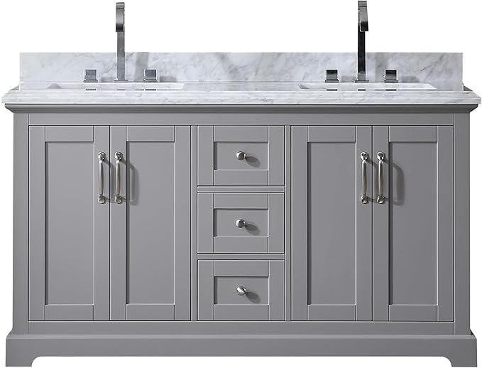 Mareo 60" Solid Wood Double Sink Bathroom Vanity | Marble Countertop & Backsplash | Soft Closing Doors & Drawers | Nickel Brushed Handles | Grey Cabinet & Undermount Ceramic Sink Top | Pre-Assembled