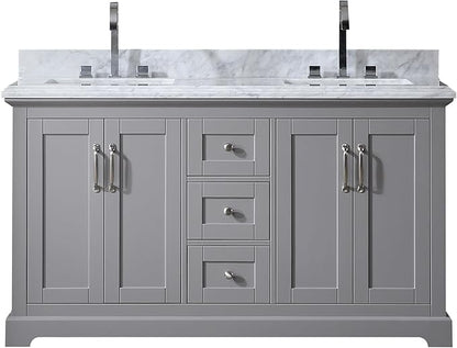 Mareo 60" Solid Wood Double Sink Bathroom Vanity | Marble Countertop & Backsplash | Soft Closing Doors & Drawers | Nickel Brushed Handles | Grey Cabinet & Undermount Ceramic Sink Top | Pre-Assembled