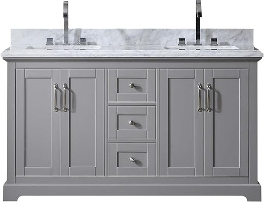 Mareo 60" Solid Wood Double Sink Bathroom Vanity | Marble Countertop & Backsplash | Soft Closing Doors & Drawers | Nickel Brushed Handles | Grey Cabinet & Undermount Ceramic Sink Top | Pre-Assembled