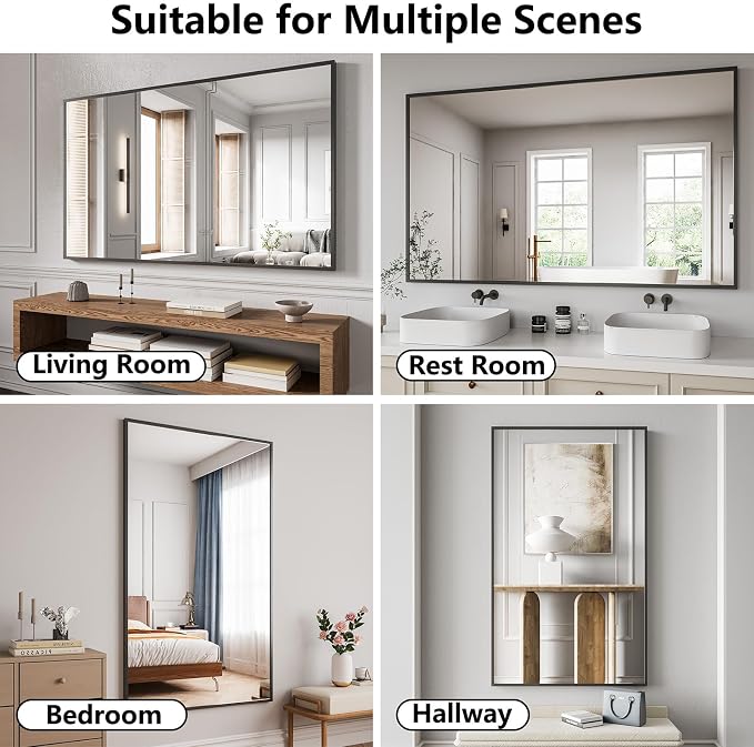Koonmi Bathroom Mirror for Wall, 36"x60" Black Bathroom Mirror for Over Sink, Shatterproof Tempered Glass Vanity Mirror with Anti-Rust Aluminum Alloy Frame, Hang Horizontally or Vertically, Black