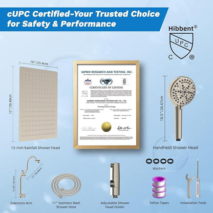 Hibbent High Pressue All Metal 12" Rainfall Shower Head, Handheld 10-Spray | cUPC Certified Brushed Nickel Dual Showerhead Combo, 4-way Diverter with Pause Mode, Brass Extension Arm, 71'' Hose & Holder