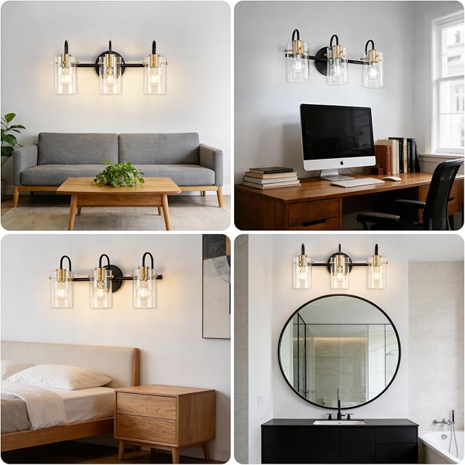 3 Light Bathroom Vanity Light, Black and Gold Bathroom Wall Light Fixtures with Clear Glass Shade, Modern Wall Sconces Wall Lamp Over Mirror Kitchen Living Room Bedroom Hallway Cabinet