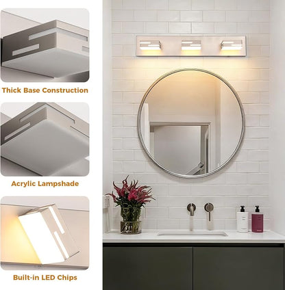 3-Light 5CCT Modern Bathroom Vanity Light Fixtures, 24-Inch 350° Rotatable LED Vanity Lights Over Mirror, Dimmable Brushed Nickel Wall Sconce with Frosted Acrylic Shade