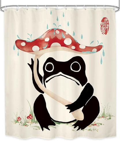 LGhtyro Funny Frog Shower Curtain Bathroom Set 60Wx71H Inches Mushroom Asian Traditional Art Japanese Lovely Hilarious Black Beige Red Bath Accessories Cute Animal Art Home Decor Fabric 12 Pack Hooks