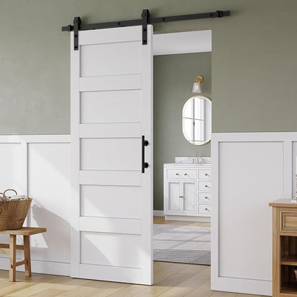 SMARTSTANDARD 32in x 80in Sliding Barn Door with 6FT Hardware Track Kit | Waterproof PVC Surface, Pre-Drilled Holes Easy to Assemble, Solid, MDF, White, 5-Panel