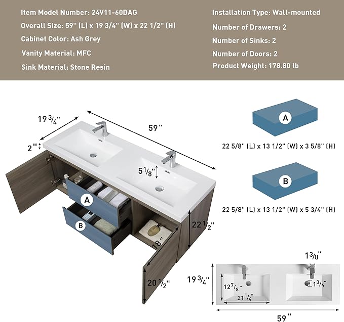 60 Inch Floating Bathroom Vanity with Double Sink, Modern Wall-Mounted Bathroom Vanity Storage Cabinet Organizer with Double Resin Top Basins and 4 Soft Close Drawers (Ash Grey)