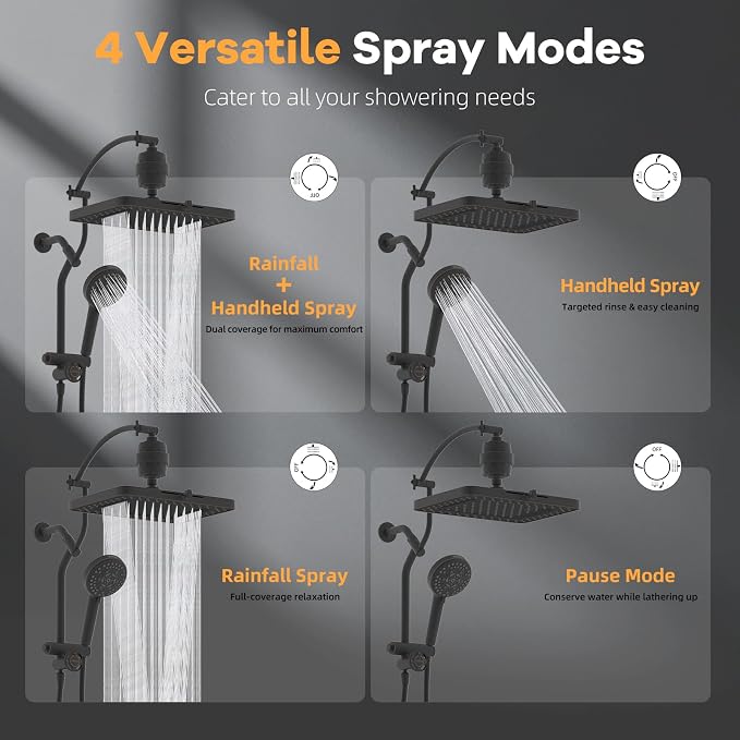 Hibbent Dual-Filtered 13" Showerhead & 10-Mode Handheld, Oil-Rubbed Bronze | High Pressure 5-Spray Showerhead, 4-way Diverter, Heightened All Metal Extension Arm, 3 Filter Cartridges, Easy Reach