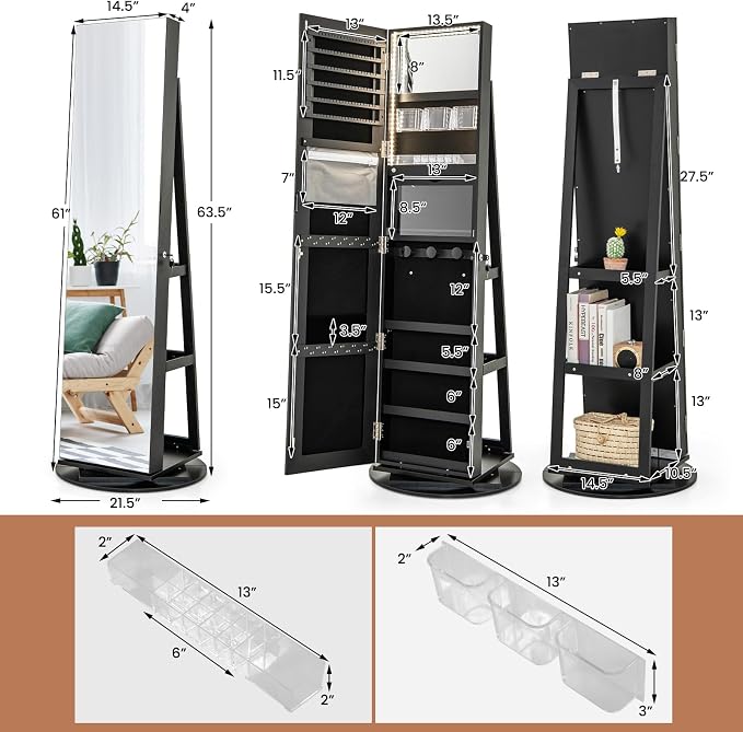 GOFLAME 360° Rotating Jewelry Cabinet with Full-Length Mirror, Standing Jewelry Armoire with 3-Color LED Light and Back Storage Shelf, Lockable Jewelry Organizer for Bedroom Cloakroom, Black