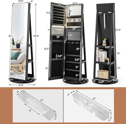 GOFLAME 360° Rotating Jewelry Cabinet with Full-Length Mirror, Standing Jewelry Armoire with 3-Color LED Light and Back Storage Shelf, Lockable Jewelry Organizer for Bedroom Cloakroom, Black