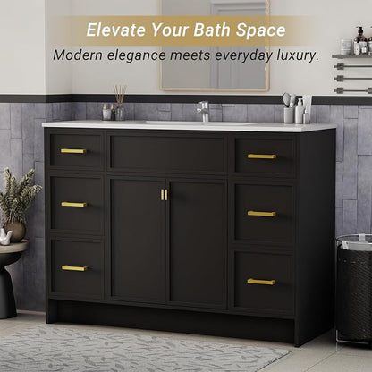 48 Inch Freestanding Bathroom Vanity with Sink, Shaker Style Black Double Sink Cabinet with 6 Drawers & Double Doors, Waterproof Lacquer Finish, Large Storage for Master Bathroom & Family Home