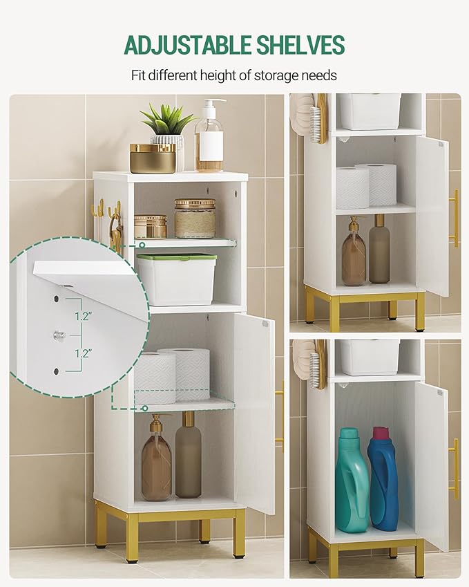 Bathroom Storage Cabinet, Corner Floor Cabinet with Door & Shelves, 2Hooks, Small Narrow Storage Organizer, Toilet Paper Cabinets for Small Space, White SC06313G