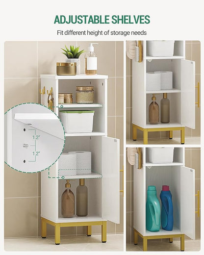 Bathroom Storage Cabinet, Corner Floor Cabinet with Door & Shelves, 2Hooks, Small Narrow Storage Organizer, Toilet Paper Cabinets for Small Space, White SC06313G