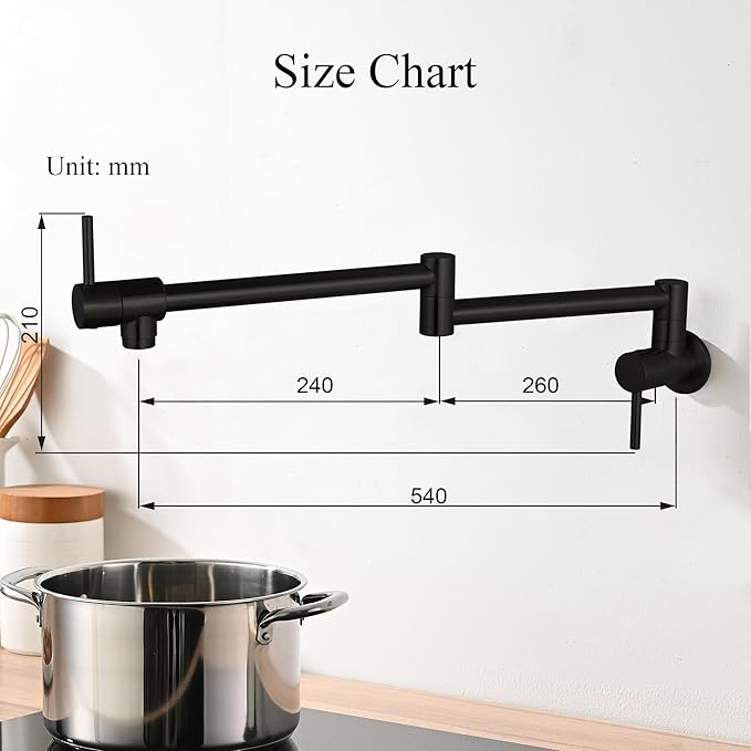 Pot Filler Faucets with Brass Wall Mount Double Joint Swing Arms for Kitchen, Sink, Stove and Bar - Leak Free Designs with High-Flow Aerators - Retractable & Folding for Space Saving - Matte Black