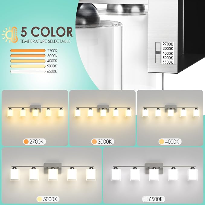 Quntis 5 Light Brushed Nickel Bathroom Light Fixtures, Modern Vanity Lights Over Mirror with 5 Colors & Stepless Dimmable, 33 Inch LED Bathroom Lighting with Milk White Frosted Glass (Bulbs Included)