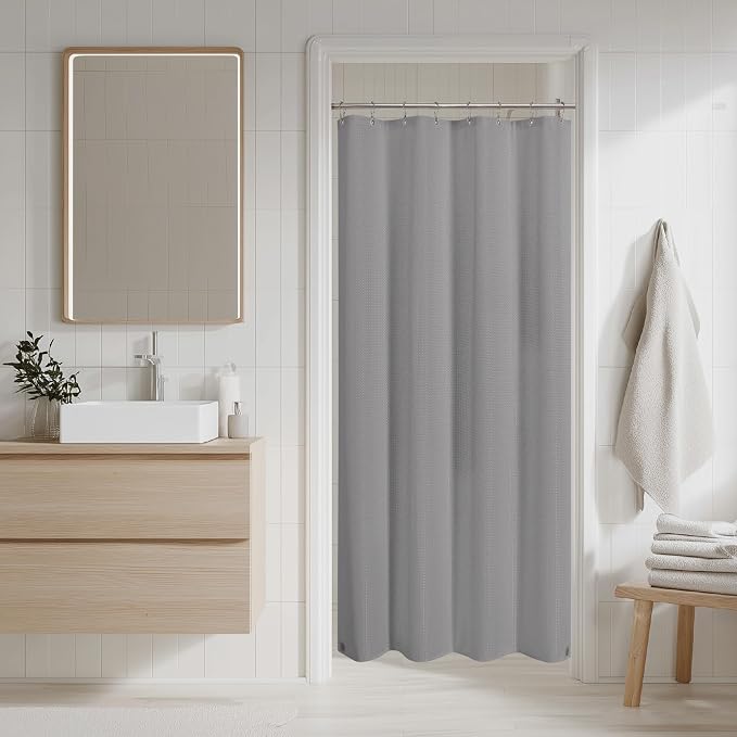 2-in-1 Waterproof Fabric Shower Curtain - No Separate Liner Needed, Hotel-Style Waffle Weave, Effortless Cleaning & Washable Bathroom Shower Curtain Set,54Wx72H,Grey