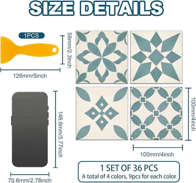 36 Pcs 4 Styles Retro Blue and Green Patten Tile Sticker Geometric Patten Wall Tile Stickers Waterproof Self Adhesive Stick on Decals for Kitchen Bathroom Wall Art 4×4 Inch