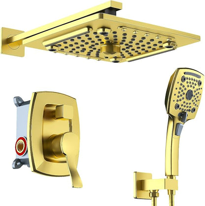 ELLO&ALLO Bathroom Shower Faucet Set Mixing Valve and Trim Kit, Complete Shower System with Rough-in Valve, Brushed Gold