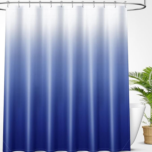 OLANLY Luxury Royal Blue and White Ombre Shower Curtain Sets with 12 Hooks, Waterproof and Washable Decorative Shower Curtains for Bathroom, 72x72 Inches