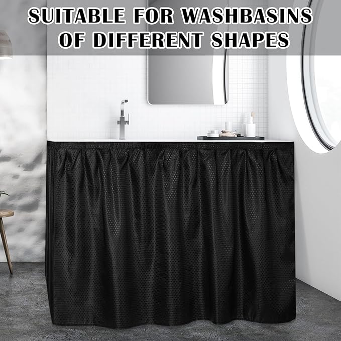 Fabric Sink Skirt Diamond Bathroom Stitch Self Stick Adhesive Waterproof Fabric Under Sink Curtain Skirt 55 x 32 Inch Adds Bathroom Storage(Black,Classic Style)
