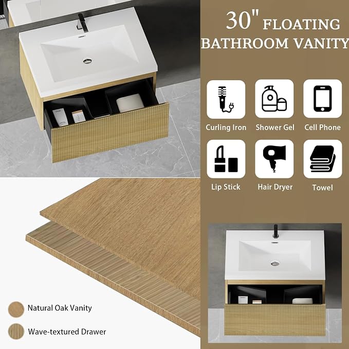 Floating Bathroom Vanity, 30" Wall Mounted Bathroom Cabinet with Glossy White Stone Resin Sink & U-Shaped Soft-Close Drawer, Pre-Assembled Striped Storage Vanity for Bathroom, Natural Wood