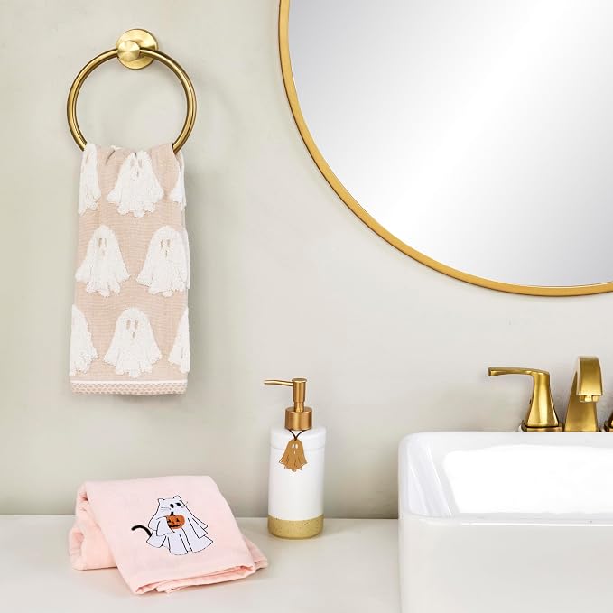 SKL Home Halloween Ghost Hand Towel Set-2pc, 100% Cotton Jacquard, Tan | Plush, absorbent & reversible. Great for use in the bathroom, kitchen, or bar & gifting.