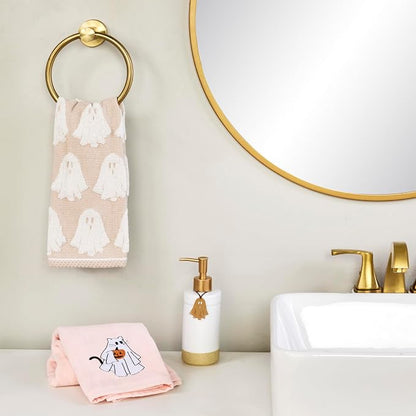 SKL Home Halloween Ghost Hand Towel Set-2pc, 100% Cotton Jacquard, Tan | Plush, absorbent & reversible. Great for use in the bathroom, kitchen, or bar & gifting.